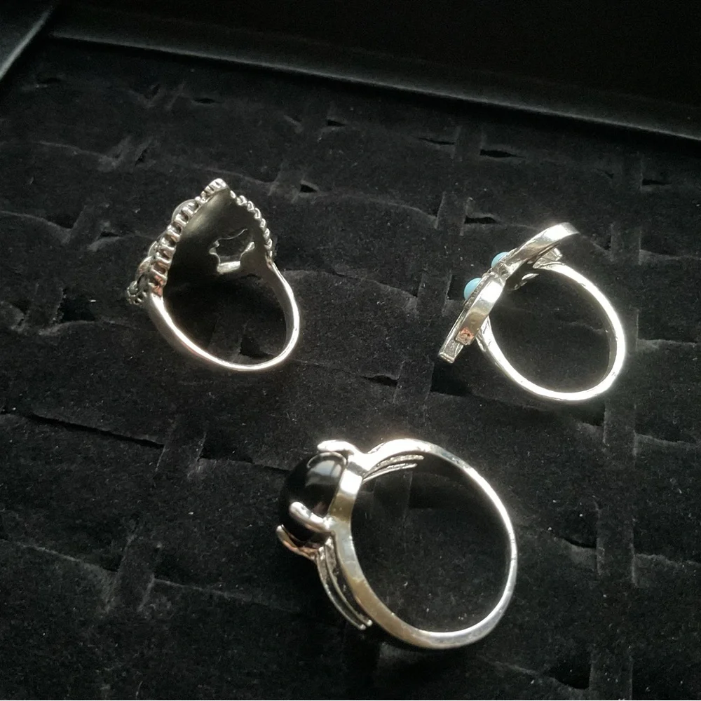 New x3 Silver Tone Rings Crystal Black Stone Trendy Fashion Ring Set  Size 7 / 8